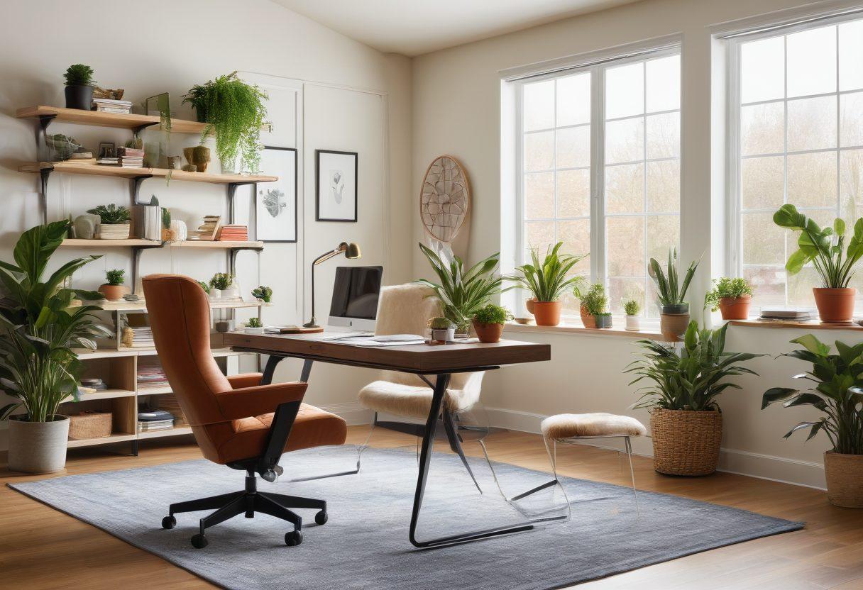 A cozy living room showcasing transformative furniture accents, blending ergonomic office elements with stylish home decor. Include a stylish desk with a modern chair, elegant shelving displaying houseplants, and comfortable seating options. The space is bright and inviting, with natural light streaming in from large windows and vibrant decor accents throughout. super-realistic. warm colors. inviting atmosphere.