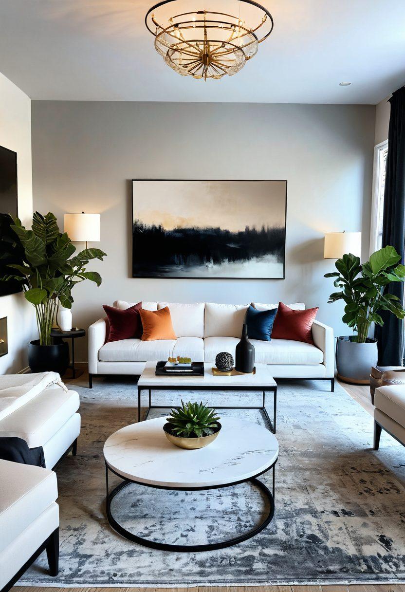 An elegantly styled living room showcasing contemporary furniture that seamlessly blends functionality and elegance. Include a sleek, minimalistic sofa, a chic coffee table, and elegant lighting fixtures. Surround the space with artistic decor elements and vibrant plants to enhance the atmosphere. The overall color palette should be warm and inviting, reflecting modern design aesthetics. super-realistic. vibrant colors. elegant lighting.