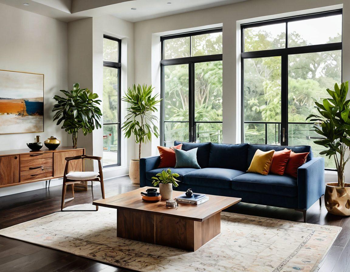 A stunning living room showcasing a blend of contemporary and bespoke furniture, featuring a sleek sofa, handcrafted wooden coffee table, and unique decorative pieces. Soft natural light filters through the large windows, highlighting the textures and colors of the furnishings. A stylish rug anchors the space with a warm touch. Include lush indoor plants for a refreshing vibe. super-realistic. vibrant colors. elegant backdrop.